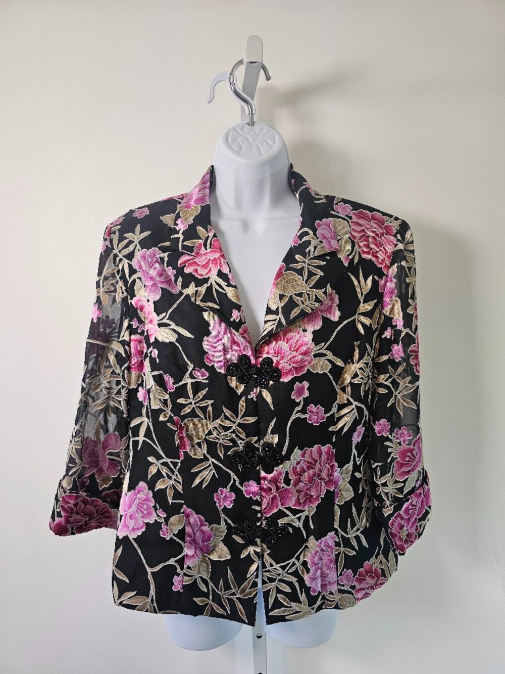 Alex Evenings Jacket Black Pink Floral Sheer Party M/L